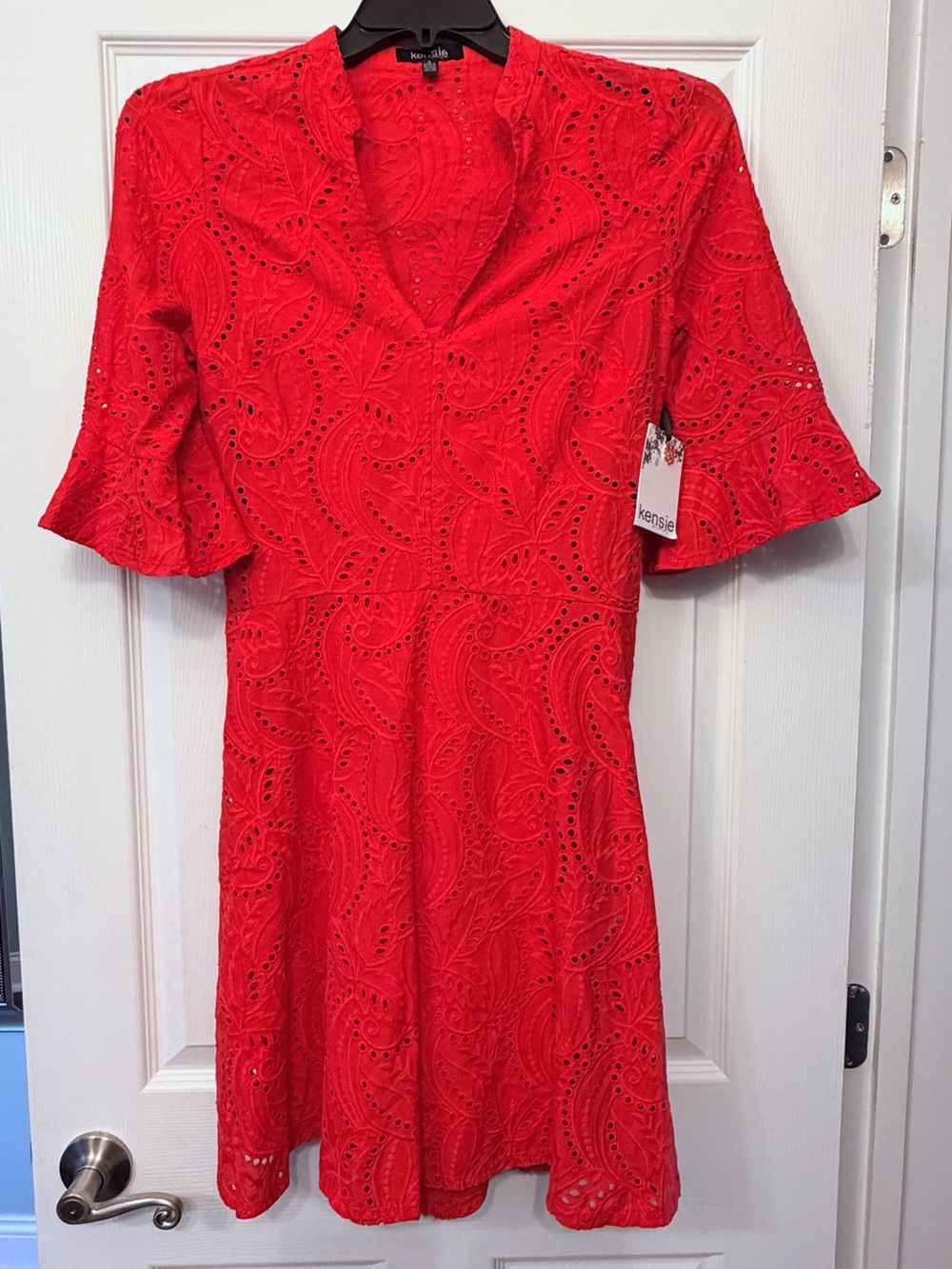 Kensie Bright Red Eyelet Midi Dress
